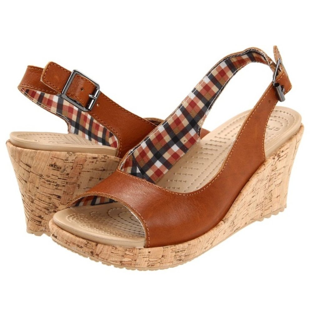 CROCS A-Leigh Leather Cork Slingback Wedges Size 7